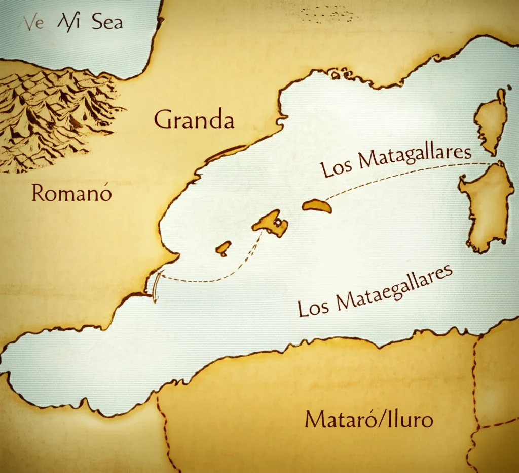Mappa antica stilizzata del Mediterraneo occidentale romano, con evidenziate la costa di Granada (Los Matagallares) e la costa catalana (Mataró/Iluro). Frecce tratteggiate indicano una possibile rotta commerciale marittima tra le due aree. Colori seppia e ocra, stile cartografico antico. Dettagli delle coste e nomi delle province romane.