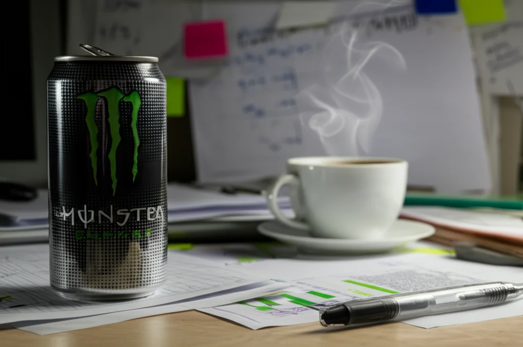 Fotografia macro di una lattina di energy drink accanto a una tazza di caffè fumante su una scrivania disordinata con appunti medici, obiettivo macro 100mm, messa a fuoco precisa, illuminazione controllata.