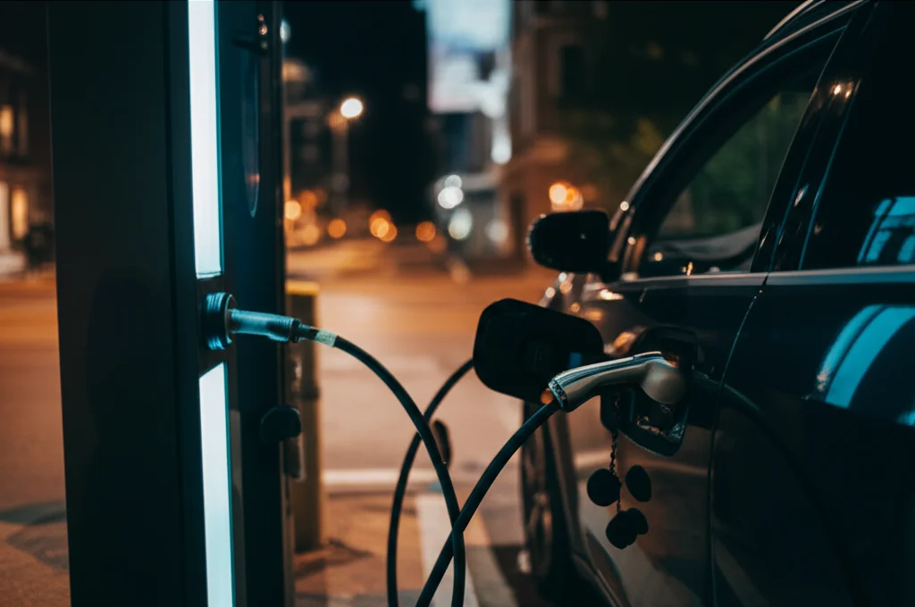 Fotografia realistica di una colonnina di ricarica per auto elettriche di notte in un contesto urbano, con cavi collegati a un'auto. Luce ambientale soffusa, focus sulla colonnina. Obiettivo prime 35mm, profondità di campo ridotta per sfocare lo sfondo.