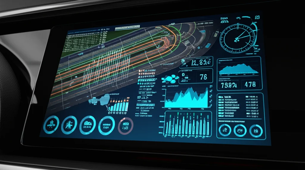 Immagine concettuale fotorealistica: un cruscotto digitale futuristico che mostra grafici sovrapposti di flusso di traffico, previsioni meteo e dati di consumo energetico. Illuminazione controllata, alta definizione, stile interfaccia utente high-tech. Obiettivo macro 85mm per dettaglio.