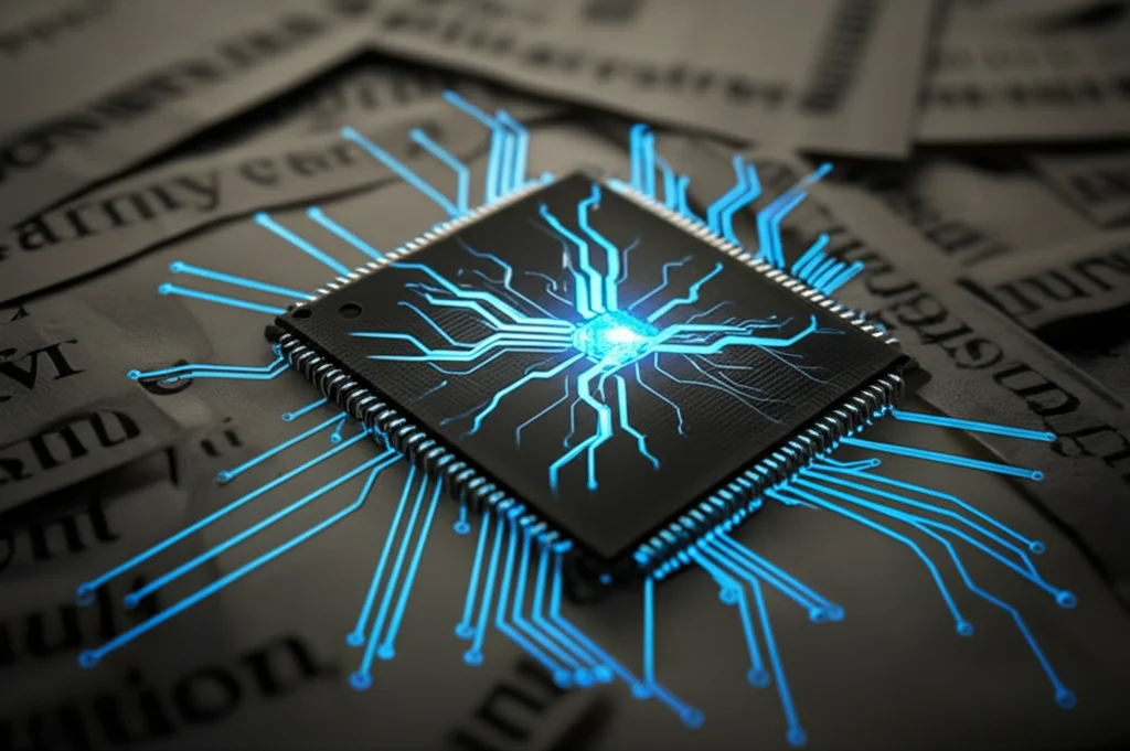 Primo piano di un chip di computer con linee luminose simili a neuroni che si collegano a frammenti di testo giornalistico sfocato sullo sfondo, illuminazione controllata, obiettivo macro 100mm, alta definizione, rappresentando l'analisi del testo da parte dell'IA.