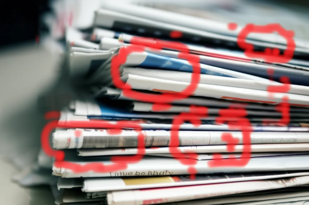 Fotografia di una pila disordinata di giornali australiani, alcuni titoli sull'obesità visibili ma sfocati, con evidenziature digitali rosse che circondano alcune frasi, obiettivo prime 35mm, profondità di campo ridotta, luce naturale da finestra.