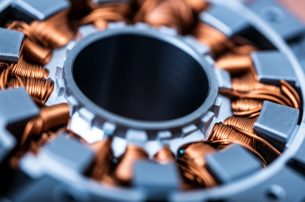 Fotografia macro, obiettivo 100mm, che cattura il nucleo del rotore 'a immagine speculare' segmentato con precisione di un motore elettrico avanzato. Alto dettaglio che mostra i bordi smussati e l'assemblaggio. Messa a fuoco precisa, illuminazione controllata da studio.