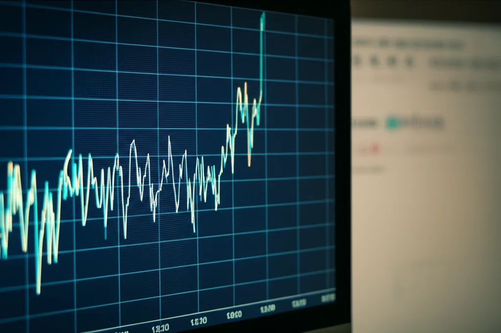 Fotografia still life di un grafico complesso su uno schermo di computer in un ufficio moderno e poco illuminato. Il grafico mostra picchi e molti valori zero, rappresentando dati di ricarica EV. Messa a fuoco precisa sul grafico. Obiettivo macro 60mm, illuminazione controllata.