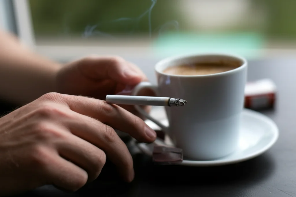 Primo piano di mani che tengono contemporaneamente una sigaretta accesa e una tazza di caffè, sfondo leggermente sfocato, obiettivo 85mm, luce naturale da finestra.