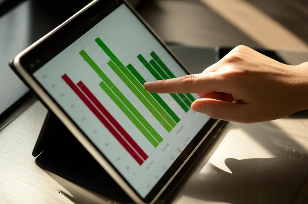 Fotografia realistica di una mano che punta a un grafico a barre su un tablet, mostrando un netto miglioramento (barre più alte/verdi) rispetto a un grafico precedente (barre più basse/rosse). Focus sulla mano e sul grafico. Obiettivo 50mm, luce naturale da finestra laterale.