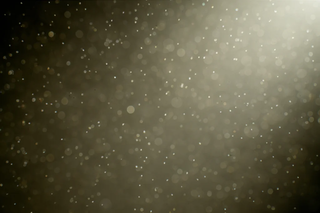 Primo piano macro di particelle di polvere sottile sospese nell'aria illuminate da un raggio di sole, lente macro 100mm, alta definizione, illuminazione controllata, evocando l'inquinamento atmosferico.