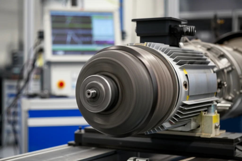 Scatto d'azione con teleobiettivo zoom (150mm), che cattura un motore elettrico in rotazione su un banco prova dinamometrico all'interno di un moderno laboratorio automobilistico. Sfocatura di movimento sul rotore, velocità dell'otturatore elevata, focus sui display delle apparecchiature di misurazione che mostrano i dati delle prestazioni.