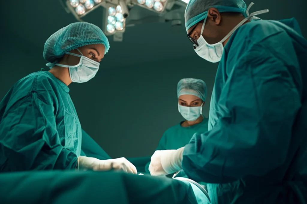 Fotografia realistica di un team chirurgico in sala operatoria, espressioni tese, luce focalizzata sul tavolo operatorio ma con ombre che suggeriscono tensione interpersonale. Obiettivo prime 35mm, profondità di campo che isola due figure in potenziale disaccordo.