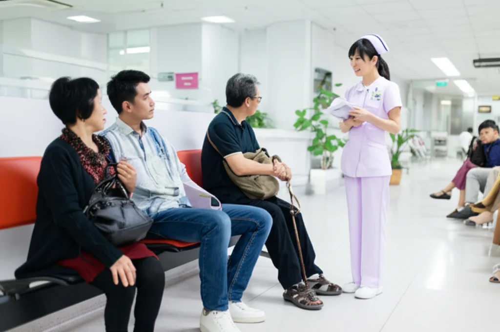 Immagine fotorealistica di un'area di attesa luminosa e moderna in un ospedale di Taiwan. Si vedono alcuni pazienti, tra cui persone dall'aspetto sud-est asiatico, seduti comodamente. Un'infermiera sorridente sta parlando con uno di loro. Obiettivo 35mm, profondità di campo per mettere a fuoco l'interazione ma mantenendo visibile l'ambiente pulito e ordinato.