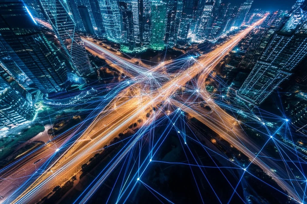 Veduta aerea grandangolare di una città futuristica di notte, con linee luminose che collegano edifici e strade, simboleggiando una smart grid e flussi di dati. Lunghe esposizioni per scie luminose fluide. Obiettivo grandangolare 14mm, messa a fuoco nitida.