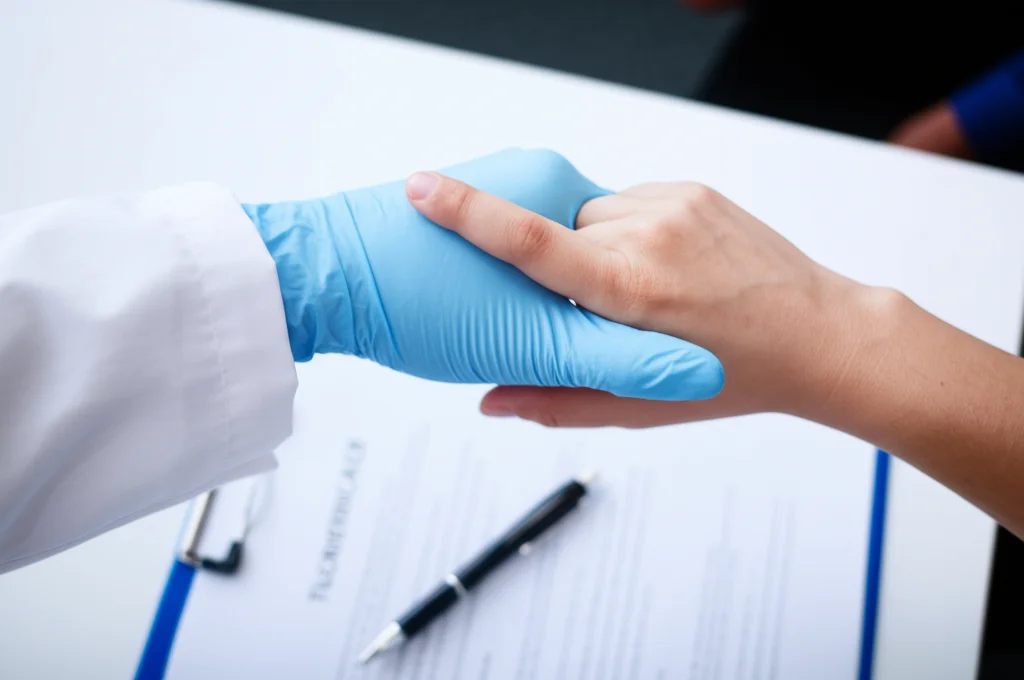 Immagine macro di due mani, una con guanto chirurgico e l'altra no, che si stringono in segno di accordo o collaborazione sopra un documento medico sfocato. Luce controllata, alta definizione, obiettivo macro 90mm, simboleggia la risoluzione dei conflitti e la collaborazione.