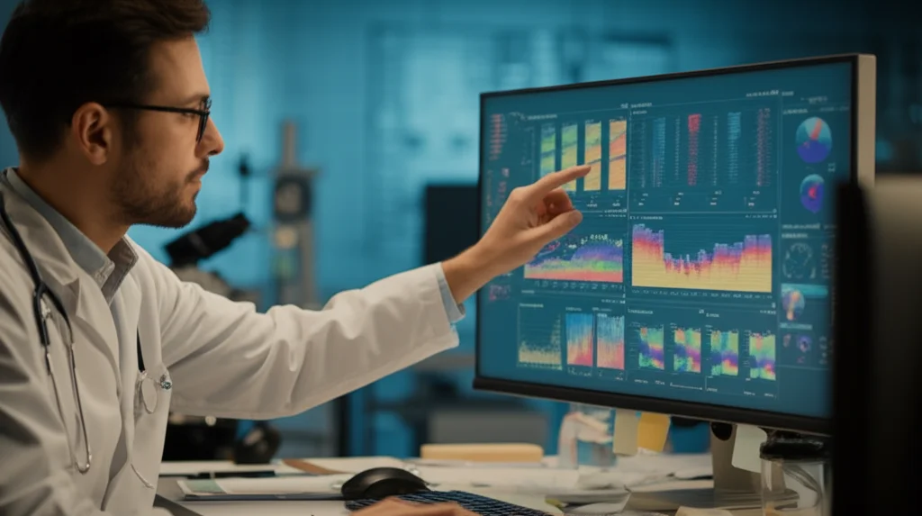 Un medico o ricercatore che esamina grafici complessi su uno schermo di computer in un laboratorio moderno, focus sullo schermo che mostra visualizzazioni di dati simili a quelle usate nel machine learning. Obiettivo zoom 24-70mm, profondità di campo, illuminazione da ufficio realistica.