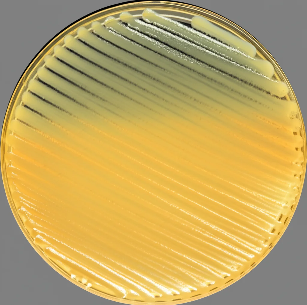 Colonie batteriche di Bacillus cereus su piastra Petri, fotografia macro 100mm, alta definizione, illuminazione controllata per evidenziare la morfologia filamentosa tipica di alcune specie di Bacillus.