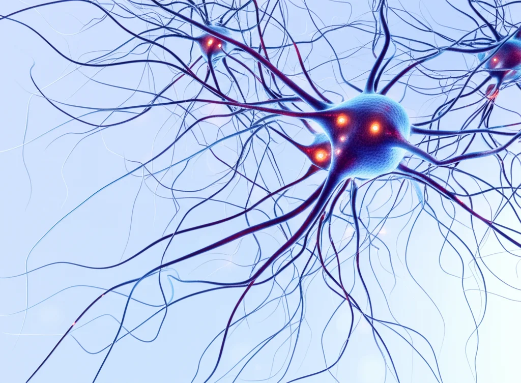 Fotografia macro di neuroni stilizzati o una rappresentazione astratta del cervello umano con punti luminosi che indicano attività, simboleggiando l'impatto neurologico della tossicità da litio. Obiettivo macro 90mm, alta definizione, illuminazione controllata con contrasto.