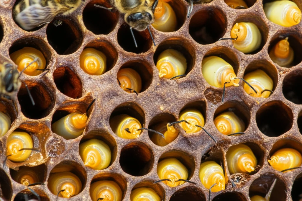 Favo d'api con covata malata, larve scolorite e afflosciate in alcune celle, fotografia macro 80mm, alta definizione, messa a fuoco precisa sui dettagli delle larve infette contrastanti con larve sane.