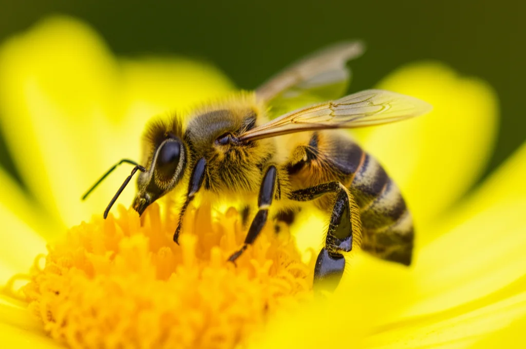 Ape mellifera (Apis mellifera) su un fiore giallo mentre raccoglie polline, fotografia macro 100mm, alta definizione, messa a fuoco sull'ape e sui dettagli del fiore, sfondo leggermente sfocato.