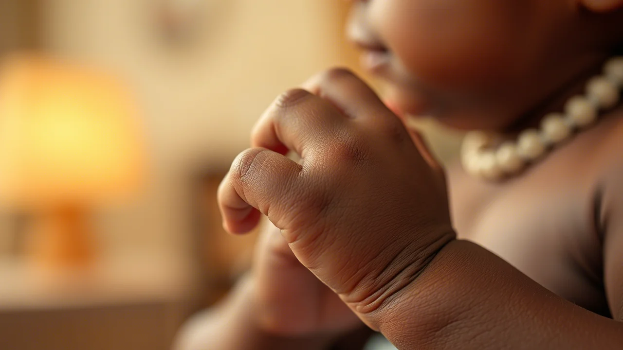 Macro fotografia, obiettivo 85mm, della manina di un neonato africano stretta delicatamente dal dito della madre in una stanza illuminata da luce calda e soffusa, alta definizione, messa a fuoco precisa, che trasmette tenerezza e vulnerabilità.