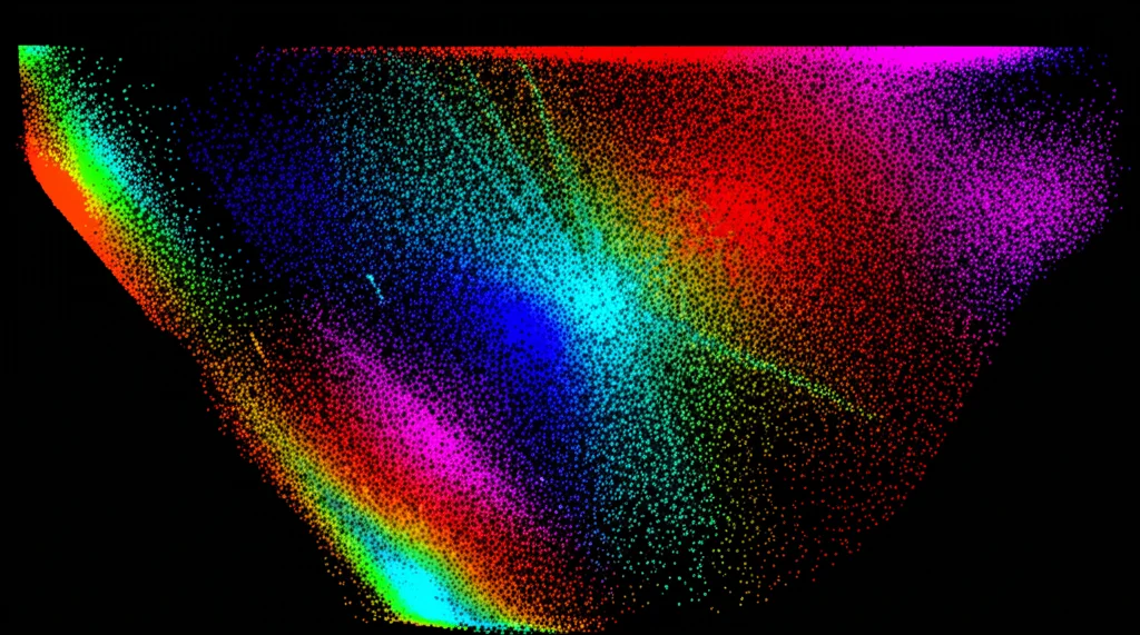 Visualizzazione astratta di dati multiomici spaziali, con cluster di punti colorati che rappresentano tipi cellulari diversi su uno sfondo scuro, stile UMAP. Alta definizione, colori vivaci.
