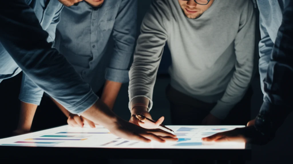 Fotografia di un gruppo eterogeneo di ricercatori in ambito educativo che collaborano attorno a un tavolo luminoso, visualizzando grafici di dati su uno schermo trasparente interattivo. Obiettivo prime 35mm, profondità di campo per mantenere a fuoco sia i ricercatori che lo schermo, illuminazione controllata stile cinematografico per enfatizzare la collaborazione e l'innovazione.