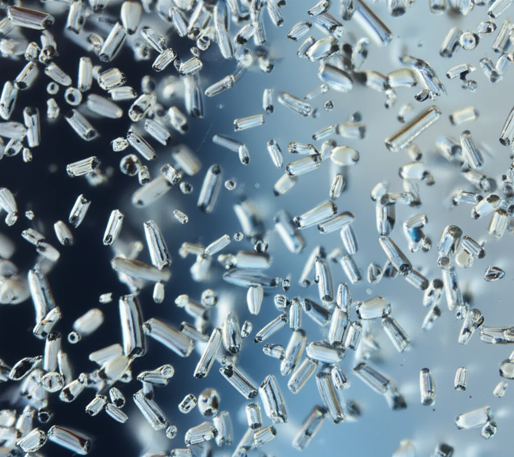 Macro fotografia (obiettivo 100mm) di acqua leggermente torbida in una bottiglia di campionamento scientifico in vetro trasparente. La luce controllata e laterale evidenzia particelle sospese quasi invisibili, suggerendo la presenza nascosta di microplastiche. Messa a fuoco precisa sulla texture dell'acqua e sulle particelle. Alta definizione.