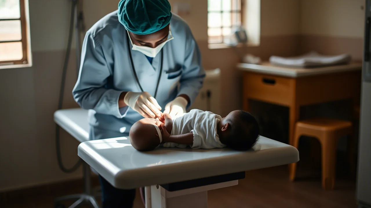 Un'operatrice sanitaria esamina delicatamente un neonato su un tavolo da visita pulito all'interno di una clinica sanitaria semplice ma luminosa in Africa Orientale, obiettivo primario 50mm, profondità di campo, che trasmette professionalità e cura.