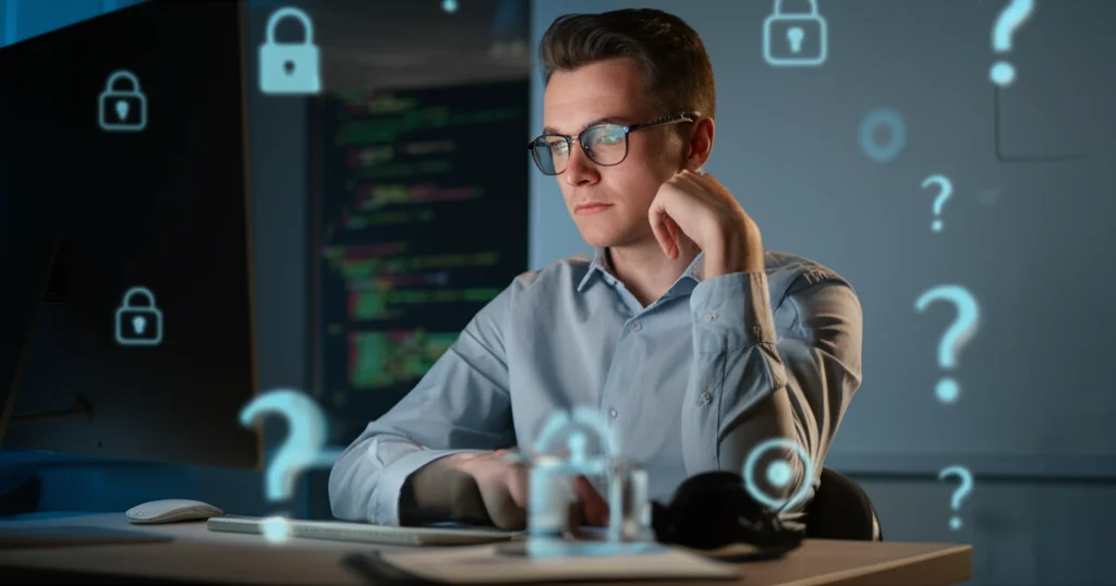 Primo piano di un ricercatore educativo con espressione concentrata ma leggermente preoccupata, seduto a una scrivania davanti a un computer che mostra codice o dati complessi. Sullo sfondo, sfocati, si intravedono simboli stilizzati di lucchetti e punti interrogativi. Obiettivo 50mm, profondità di campo ridotta per isolare il soggetto, illuminazione laterale morbida per creare un'atmosfera riflessiva.