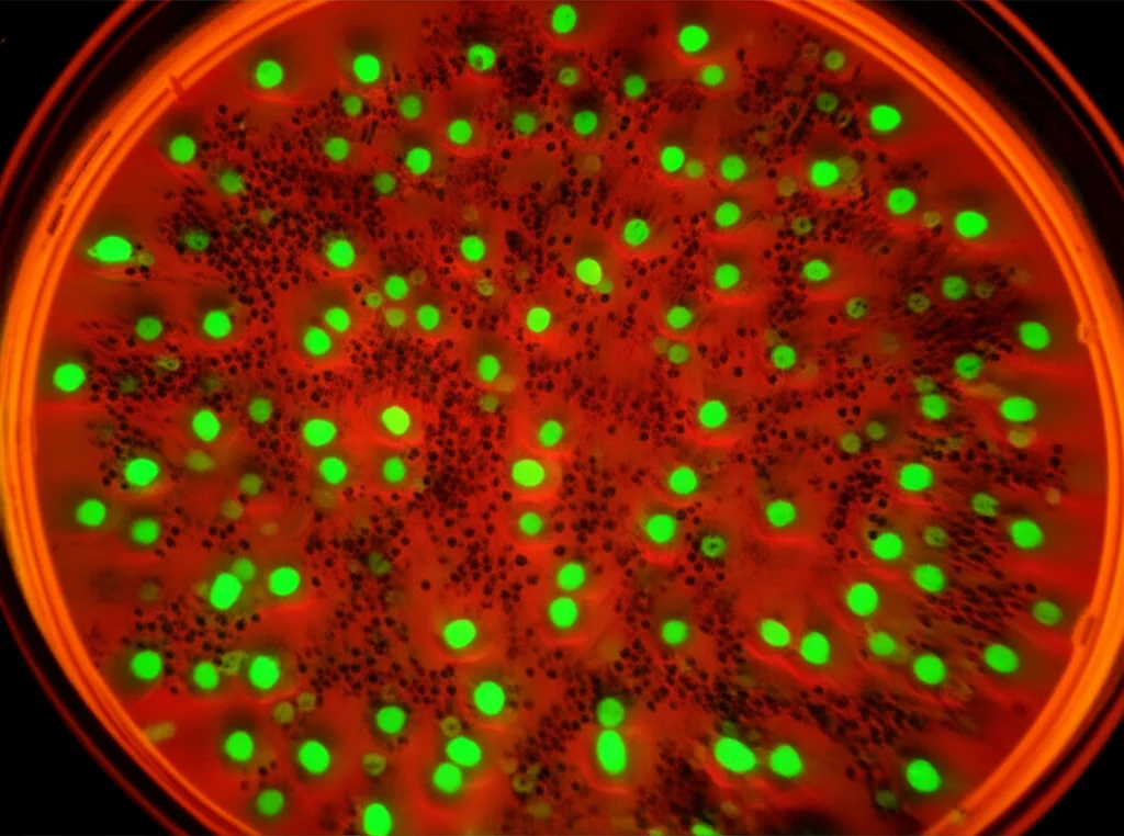 Scatto macro (obiettivo 80mm) con messa a fuoco precisa su minuscoli frammenti di PET che fluttuano in un liquido trasparente all'interno di una piastra Petri di vetro. I frammenti brillano intensamente di un colore arancione/verde sotto una luce UV simulata. Illuminazione da laboratorio controllata, leggermente drammatica, che enfatizza la fluorescenza. Alta definizione.