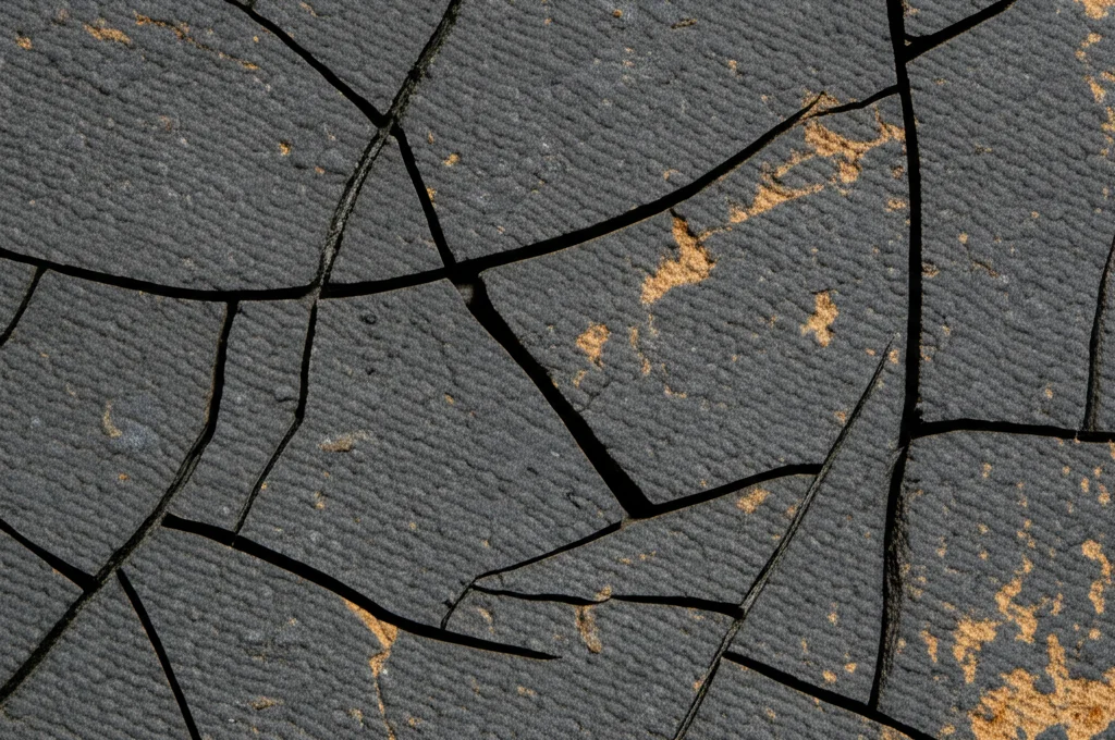 Fotografia macro di un campione di argillite scura in laboratorio, con evidenti fratture da essiccazione sulla superficie. Obiettivo macro 90mm, illuminazione laterale controllata per enfatizzare le crepe, alta definizione dei dettagli della texture rocciosa.