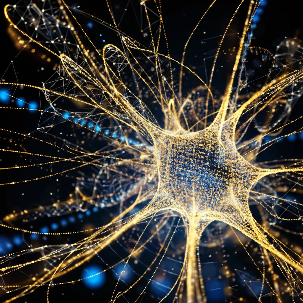 Immagine macro di dati digitali rappresentati come particelle luminose che fluiscono liberamente attraverso una rete neurale stilizzata, simboleggiando la condivisione aperta, sicura e la generazione di nuova conoscenza. Obiettivo macro 90mm, alta definizione, illuminazione vibrante con colori blu e oro, sfondo scuro per contrasto.