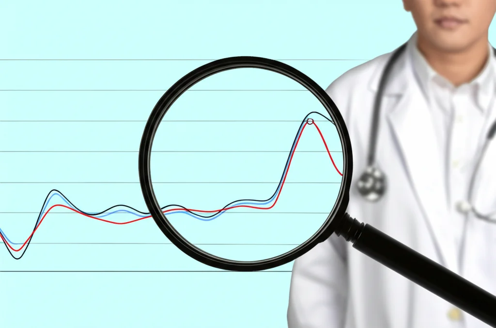 Primo piano con lente macro 85mm, alta definizione e illuminazione controllata, di un grafico medico con livelli ormonali fluttuanti; una lente d'ingrandimento evidenzia un punto basso, simboleggiando la difficoltà diagnostica del GHD adulto.