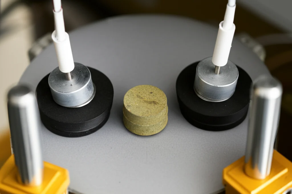 Primo piano di un setup di laboratorio per test acustici su un piccolo campione discoidale di argillite. Si vedono i trasduttori a contatto con la roccia. Obiettivo macro 100mm, messa a fuoco precisa sui componenti, illuminazione da studio per dettagli tecnici.