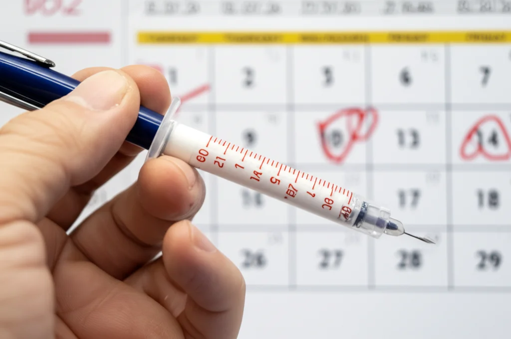 Fotografia con obiettivo a focale fissa 35mm, profondità di campo, primo piano sulla mano di una persona che tiene una moderna penna per iniezione di ormone della crescita; sullo sfondo sfocato un calendario con giorni segnati, a simboleggiare il trattamento quotidiano e le sfide dell'aderenza.