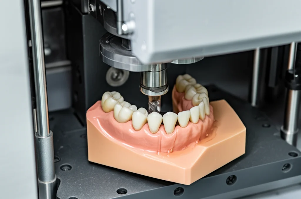 Immagine dinamica di un simulatore di masticazione (tipo CS4 Mechatronik) in azione. Telephoto zoom (150mm), fast shutter speed, movement tracking. Si vedono i campioni di denti in PMMA montati nella camera inferiore che si muovono verticalmente contro antagonisti in zirconia montati superiormente. Gocce di saliva artificiale sono visibili. L'illuminazione è focalizzata sull'area di contatto.