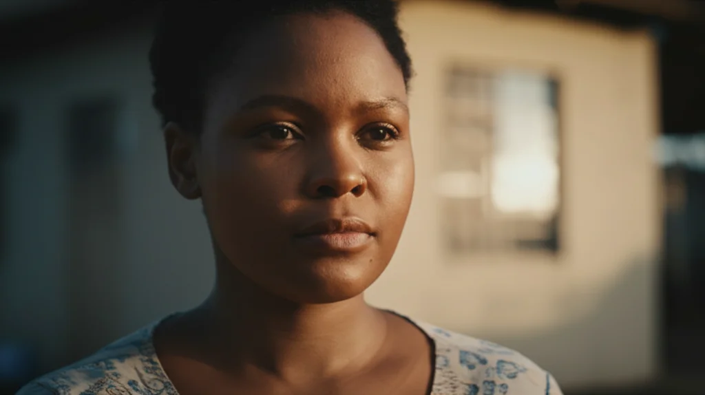 Ritratto fotorealistico di una donna sudafricana rurale, sguardo intenso e riflessivo, ambientato all'esterno di una semplice abitazione rurale al tramonto. Utilizzare un obiettivo da ritratto 35mm, con una profondità di campo ridotta per sfocare leggermente lo sfondo e concentrarsi sull'espressione della donna. Luce calda e naturale, stile filmico con leggera grana.