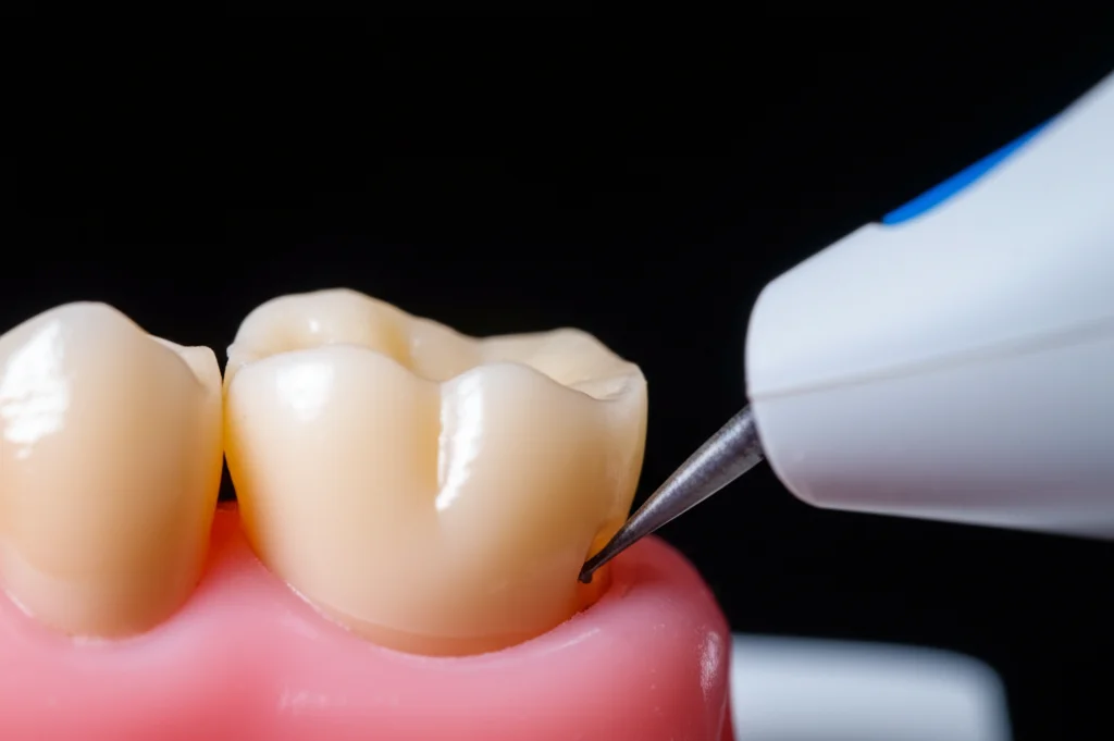 Close-up, macro lens (80mm), di uno spettrofotometro dentale (tipo VITA Easyshade) mentre misura il colore di un dente artificiale in PMMA posizionato su uno sfondo nero standardizzato. High detail, precise focusing sulla punta dello strumento e sulla superficie del dente. Controlled lighting per una valutazione accurata del colore.