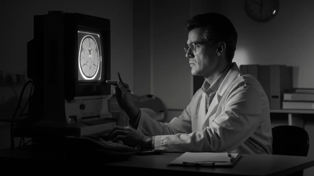 Ritratto fotografico di un neurologo concentrato che osserva un'immagine cerebrale (TAC o RMN) su uno schermo luminoso in una stanza di consultazione scarsamente illuminata, stile film noir, lente 35mm, bianco e nero.