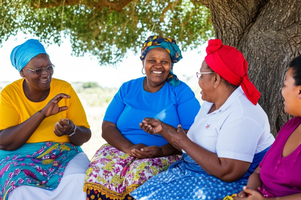 Fotografia di gruppo realistica: diverse donne sudafricane rurali di età differenti sono sedute insieme all'aperto, sotto un albero, impegnate in una conversazione animata e solidale. Alcune sorridono, altre ascoltano attentamente. Luce naturale brillante, obiettivo 50mm per una prospettiva naturale, colori vividi che esprimono speranza e comunità.