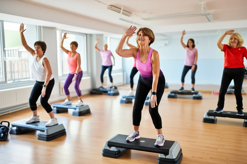 Gruppo eterogeneo di donne di mezza età in abbigliamento sportivo che partecipano con entusiasmo a una lezione di allenamento combinato (forza con elastici e step per cardio) in una palestra luminosa e moderna, guidate da un istruttore. Obiettivo zoom 24-70mm per catturare l'azione di gruppo, velocità otturatore rapida per congelare il movimento, atmosfera energica e di supporto.