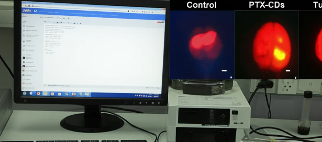 Fotografia di laboratorio che mostra immagini di bioluminescenza del cervello di topi modello per il glioblastoma su uno schermo di computer. Si confrontano chiaramente un cervello di controllo con un segnale luminoso intenso (tumore grande) e un cervello trattato con PTX-CDs con un segnale molto ridotto (tumore piccolo). Ambiente di ricerca realistico, profondità di campo, obiettivo 35mm.