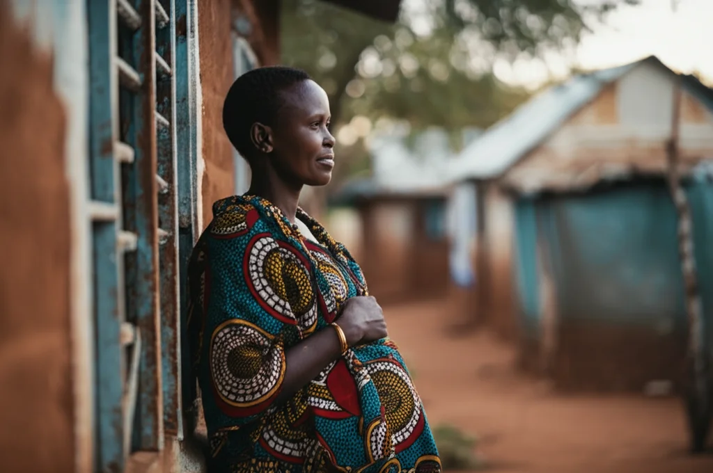 Fotografia realistica di una donna keniota incinta che guarda fuori da una finestra in una clinica rurale, luce naturale soffusa, obiettivo prime 35mm, profondità di campo ridotta per mettere a fuoco la donna, colori caldi e terrosi.