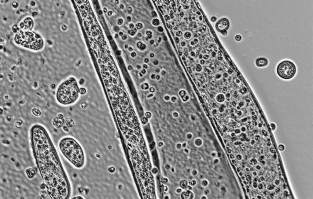 Immagine al microscopio elettronico ad altissima definizione, obiettivo macro 105mm, del protozoo Blastocystis subtype 3 (ST3), mostrando dettagli della sua struttura cellulare, illuminazione scientifica precisa e controllata, alto dettaglio.