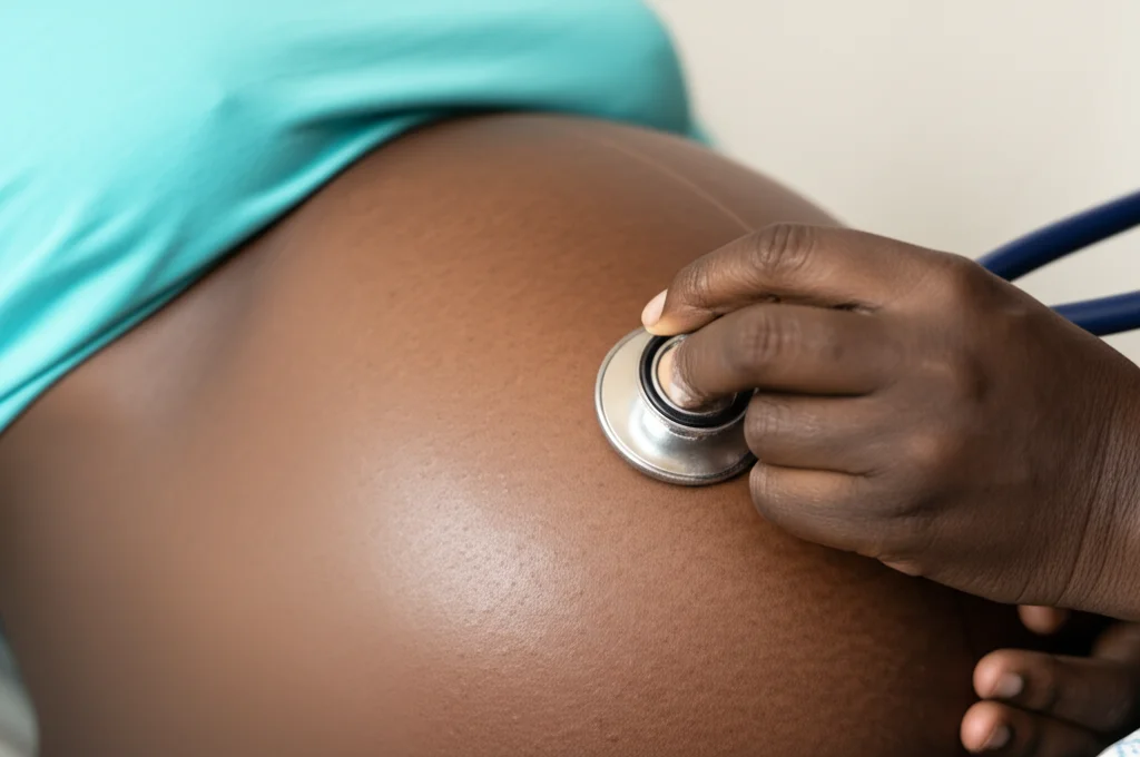 Scatto macro di una mano di un'ostetrica keniota che controlla delicatamente il battito cardiaco fetale su una pancia incinta, obiettivo macro 90mm, illuminazione controllata da studio, altissimo dettaglio sulla pelle e sullo stetoscopio.