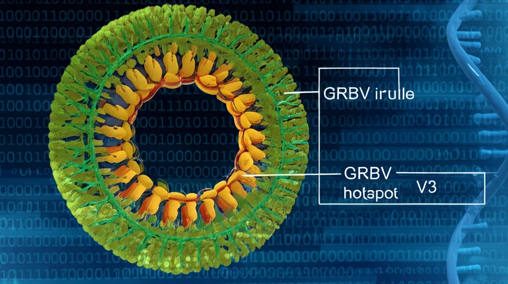 Visualizzazione 3D stilizzata del genoma circolare del virus GRBV con evidenziate le regioni (ORF) da cui originano i vsiRNA, in particolare l'hotspot V3. Sfondo astratto che richiama il codice genetico.