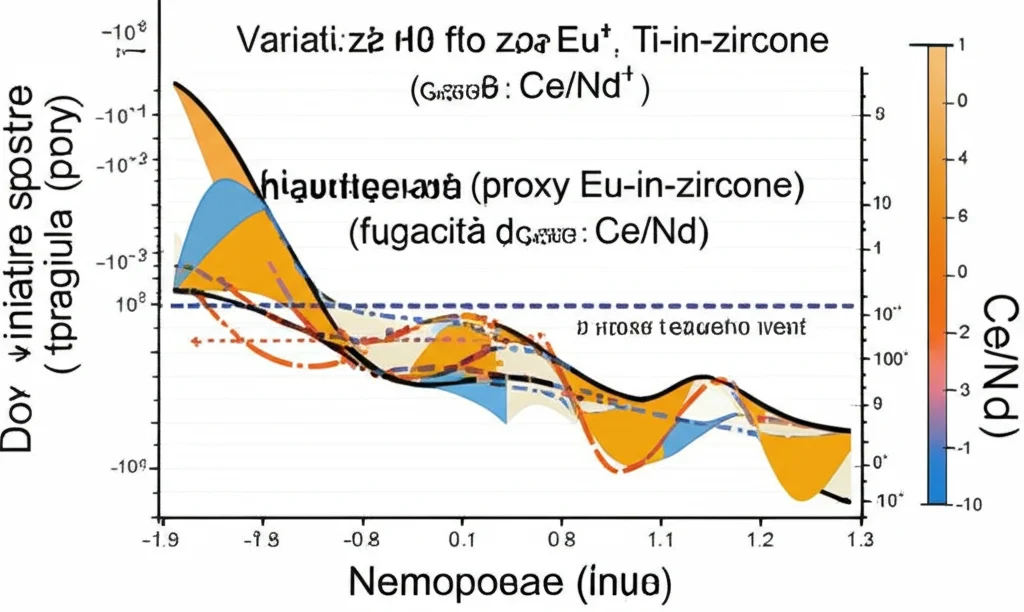 Diagramma scientifico astratto che mostra curve colorate fluttuanti su un asse temporale (Neoproterozoico), rappresentanti le variazioni dello spessore crostale (proxy Eu/Eu*), temperatura (Ti-in-zircone) e fugacità d'ossigeno (Ce/Nd) dedotte dagli zirconi. Grafica pulita, stile infografica scientifica.