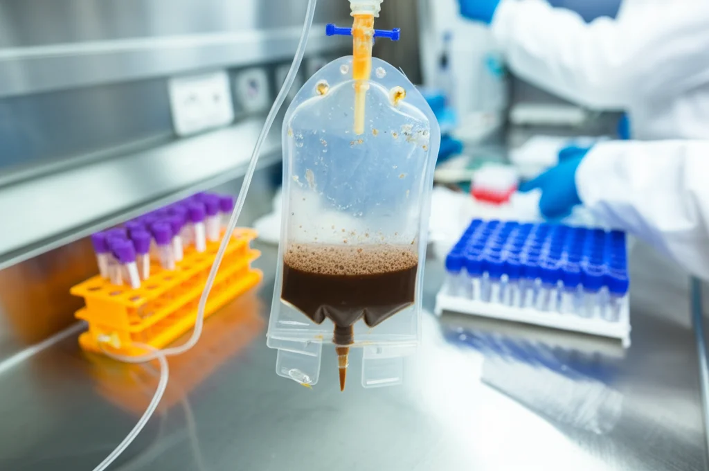 Immagine di un laboratorio di ricerca medica, obiettivo 35mm, che mostra una preparazione per il trapianto di microbiota fecale (FMT), con attrezzature sterili, provette e una sacca per infusione in primo piano, luce da laboratorio controllata, profondità di campo media, atmosfera scientifica.