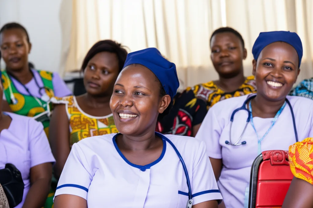 Ritratto di gruppo di operatrici sanitarie keniane sorridenti durante una sessione di formazione in una sala luminosa, obiettivo zoom 24-70mm, stile documentaristico, colori vivaci.