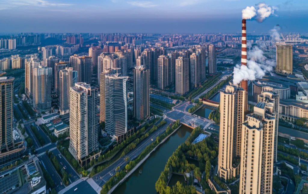 Veduta aerea di una città cinese industriale tradizionale con ciminiere fumanti giustapposta a un'area urbana moderna e più verde, simboleggiando la trasformazione. Obiettivo grandangolare 24mm, luce del tardo pomeriggio, focus nitido, contrasto tra vecchio e nuovo.