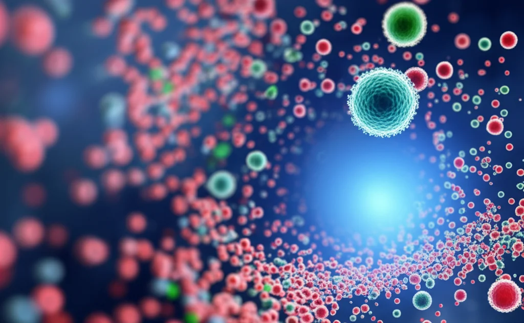 Visualizzazione artistica ma fotorealistica dell'intestino umano sano, obiettivo grandangolare 24mm, che mostra un'elevata diversità batterica rappresentata da sfere luminose di diversi colori e dimensioni, messa a fuoco nitida sul centro, effetto bokeh sullo sfondo.