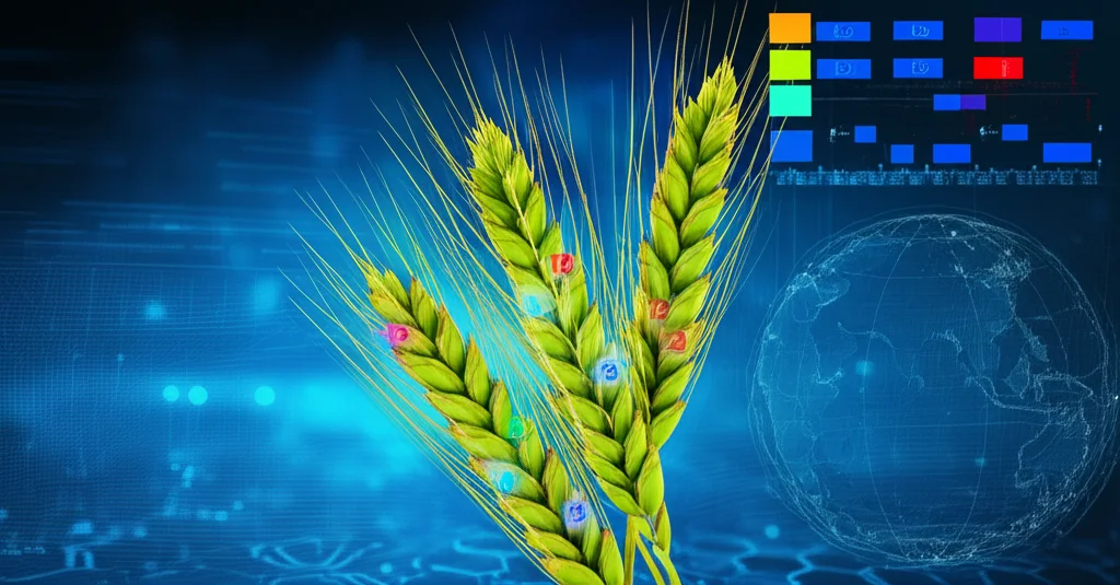 Illustrazione 3D del genoma del grano con evidenziati i cromosomi 1B, 2B, 3B e le posizioni dei QTL Yr29, Yr30 e QYrxz.nwafu-2BL.5. Prime lens 35mm, profondità di campo, sfondo astratto high-tech.
